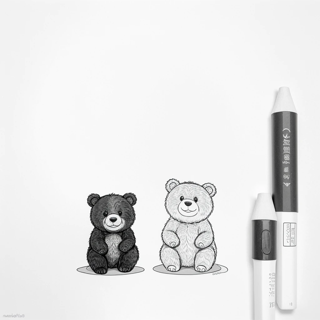 Cute and adorable Bear and its Cub, coloring page for kids, happy, smiling, surrounded by plants, vector art, minimalistic, vector 2d, black lines white background, coloring page for beginners, vector illustration, pencil strokes, no color, drawing for coloring, white background, pixar style, black and white