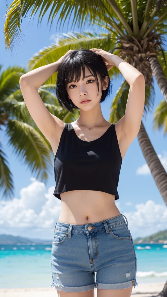 I agree to stand on the beach by the sea。She is wearing a black tank top and blue short jeans.。Short black hair down to the shoulders、I put my hands behind my head。Justice sees palm trees and the beach。White clouds are floating in the clear sky。In an anime-style style、Bright colors and realistic details。 ``` - **