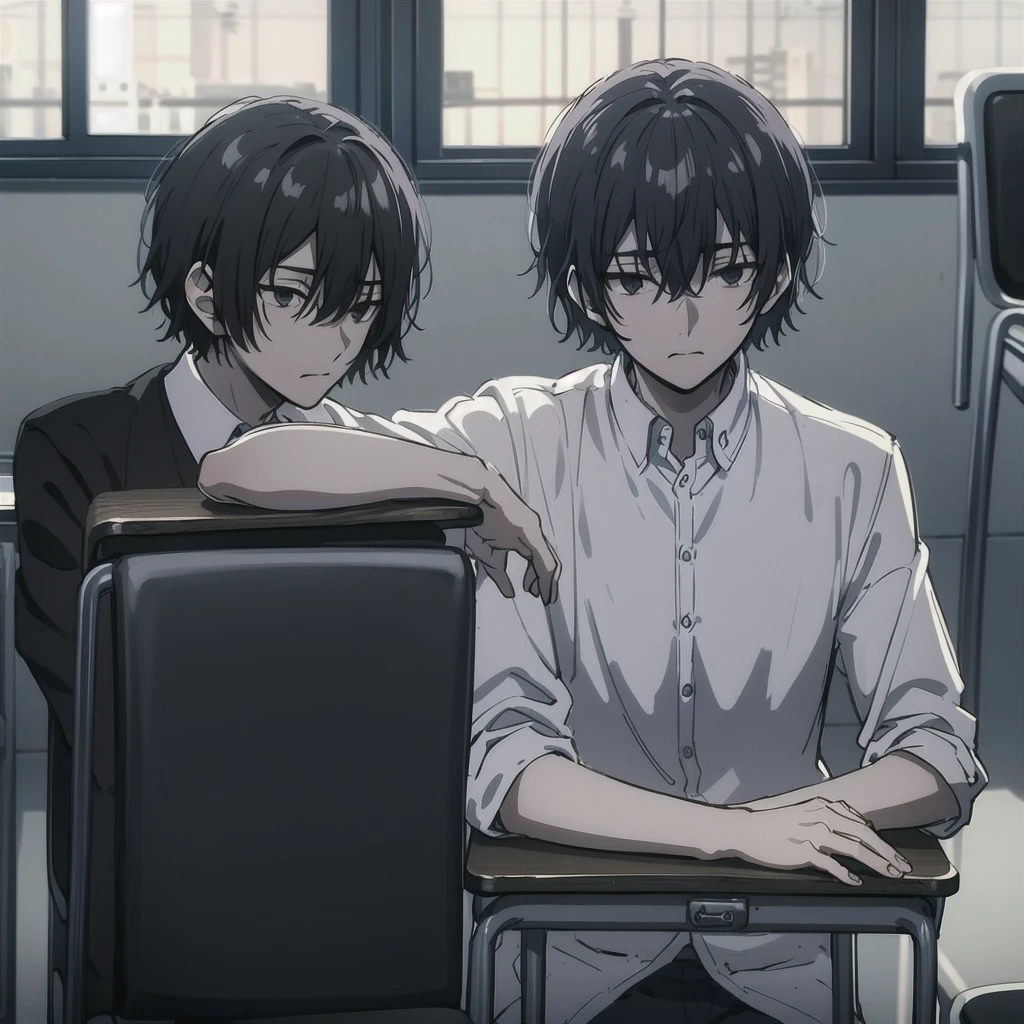 ((best quality)), ((masterpiece)), (detailed), boy, high , bored look, blank look, disinterested look, resting on desk, school chair, empty classroom, black hair, black eyes, sketch, alone, short hair. half body, face, gloomy, dark eyes, illustration, solo.