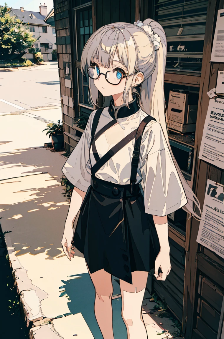 A masterpiece，Font，poster，jump，Low Ponytail，Hair Bunch，Glasses，Dress fashionably，Standing picture，laid back，best quality, Illustration style，Large aperture portrait， Anime Girl, beautiful eyes, summer,, small, Heartwarming, Youthful and beautiful,,Regular Clothes，Black and white,, showing a natural casual style. Dynamic posture contains the golden ratio, China, White space, Strong contrast between light and shadow, Super texture, Super clear and concise pictures, presenting extremely beautiful,subtle facial expressions