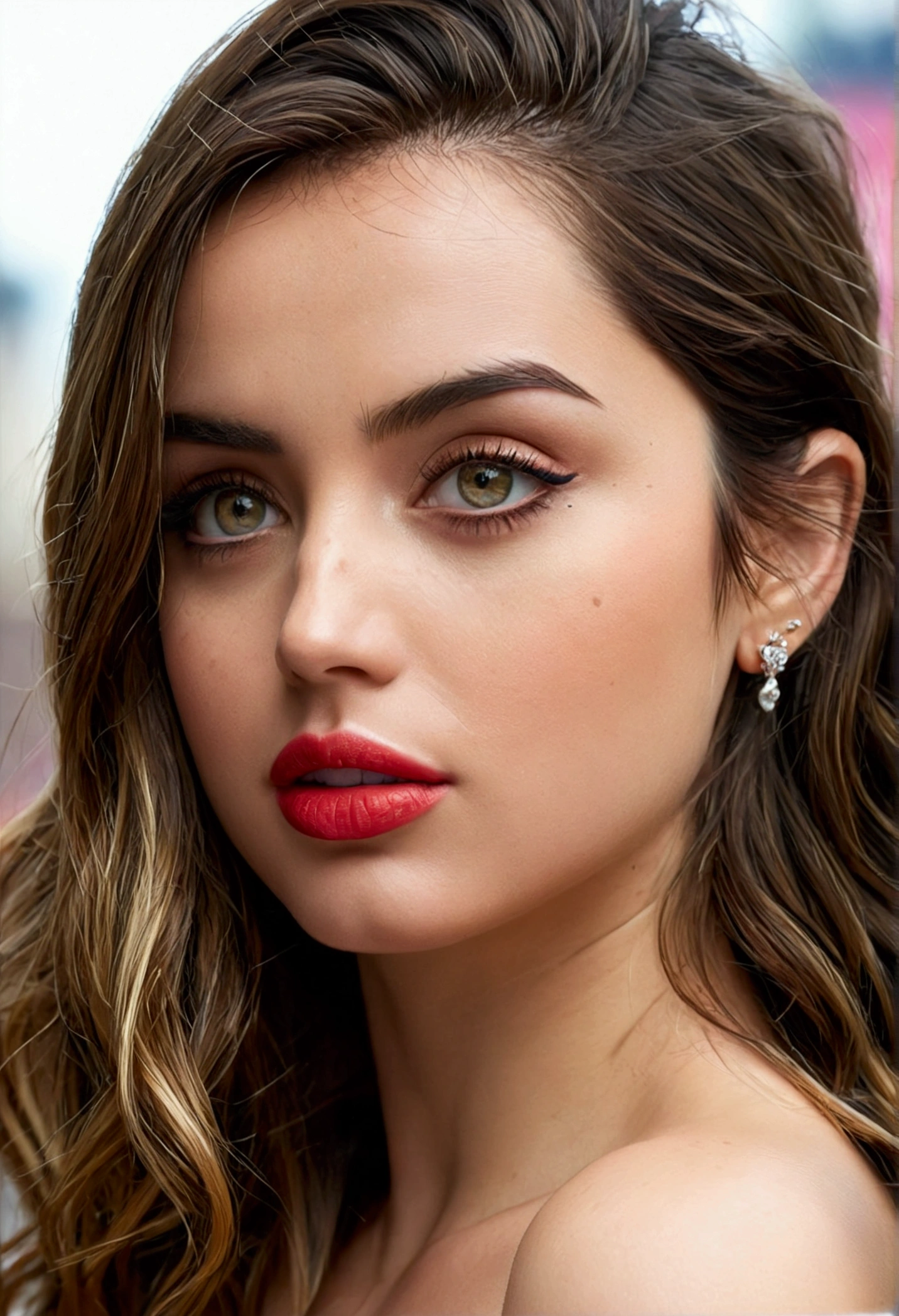 ana de armas. she has large breasts, glossy lips, and detailed eyes with long eyelashes. the photo is taken with a 35mm lens at f/2.8, creating a shallow depth of field. the woman has a modern, appealing, and attractive look, with a slippery, shiny, and rubbery latex-like material covering her body. the image is hyper-realistic, super detailed, and has a beautiful, revealing, and amative quality. (best quality,4k,8k,highres,masterpiece:1.2),ultra-detailed,(realistic,photorealistic,photo-realistic:1.37),HDR,UHD,studio lighting,ultra-fine painting,sharp focus,physically-based rendering,extreme detail description,professional,vivid colors,bokeh,character,hypermaximalist,beautiful girl,detailed eyes,long eyelashes,glossy lips,in the city square,photoshoot:1.3,latex:1.3,standing,cowboy shot:1.3