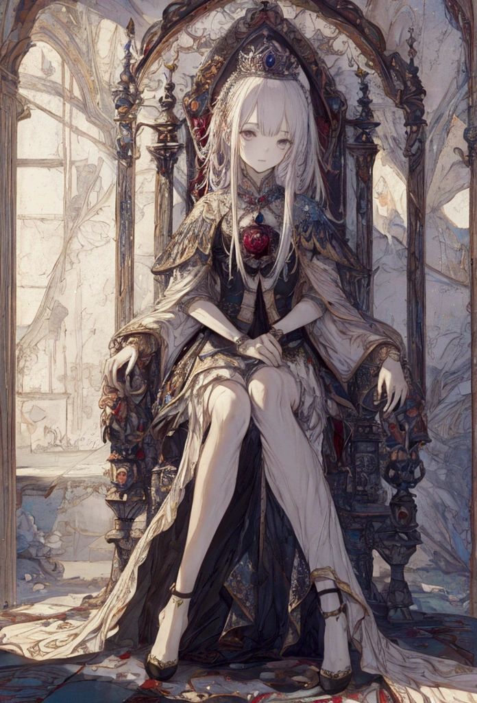 ((masterpiece)), (Highest quality), Official Art, Highly detailed CG, unity 8k wallpaper, Super detailed, View from below、
Highly detailed full body glamour photos by rpgroyalty, Sitting on the throne, Crown, jewelry, tiara, elegant, 
palace, Stained glass, Depth of written boundary, Blurred Background, light, 
 