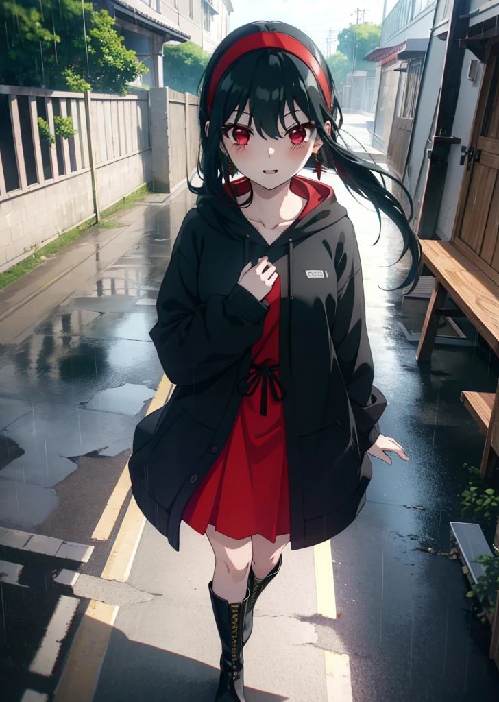 Yorbraia, Yor Briar, Black Hair, (Red eyes:1.5), Earrings, gold hair band, hair band,, Long Hair, Side Lock, (Medium chest:1.2),happy smile, smile, Open your mouth,blush,Oversized black hoodie,Long skirt,short boots,,Walking,rain,noon,cloudy,whole bodyがイラストに入るように,
break outdoors,Alley,
break looking at viewer, whole body,
break (masterpiece:1.2), Highest quality, High resolution, unity 8k wallpaper, (figure:0.8), (Beautiful attention to detail:1.6), Highly detailed face, Perfect lighting, Highly detailed CG, (Perfect hands, Perfect Anatomy),