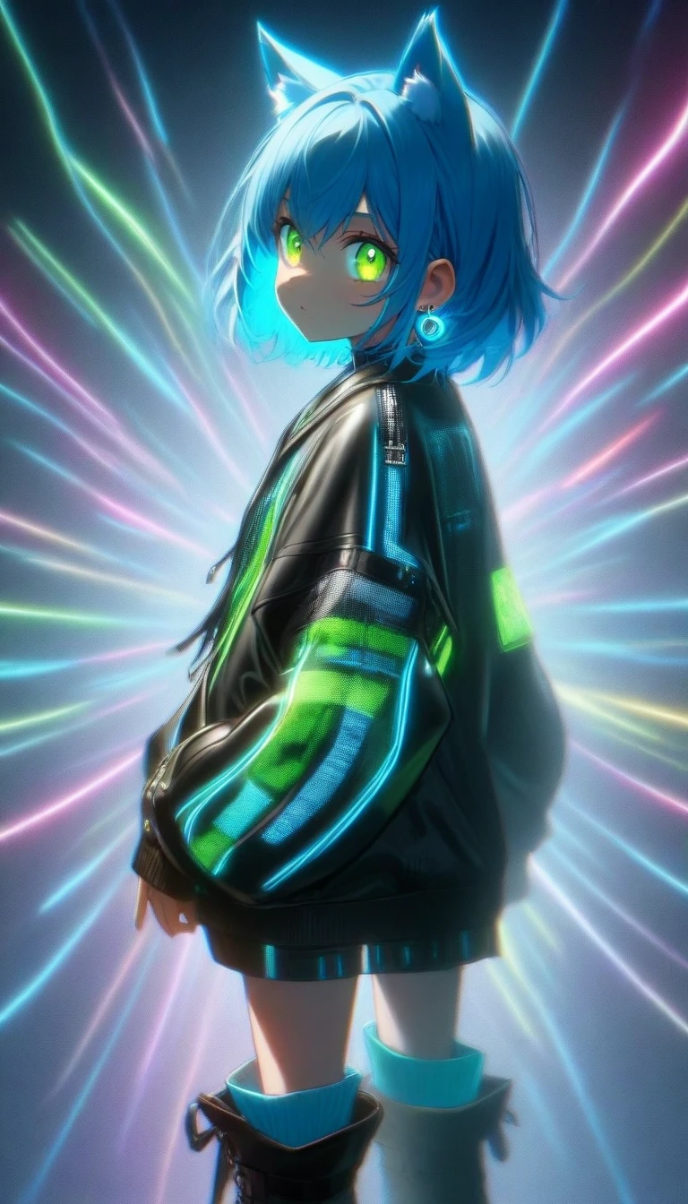 A girl with blue hair shining green eyes shining with little wolf ears with earrings and hoops with a black and fluorescent jacket shining 