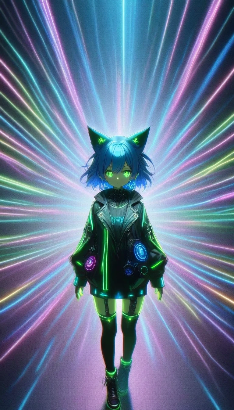 A girl with blue hair shining green eyes shining with little wolf ears with earrings and hoops with a black and fluorescent jacket shining