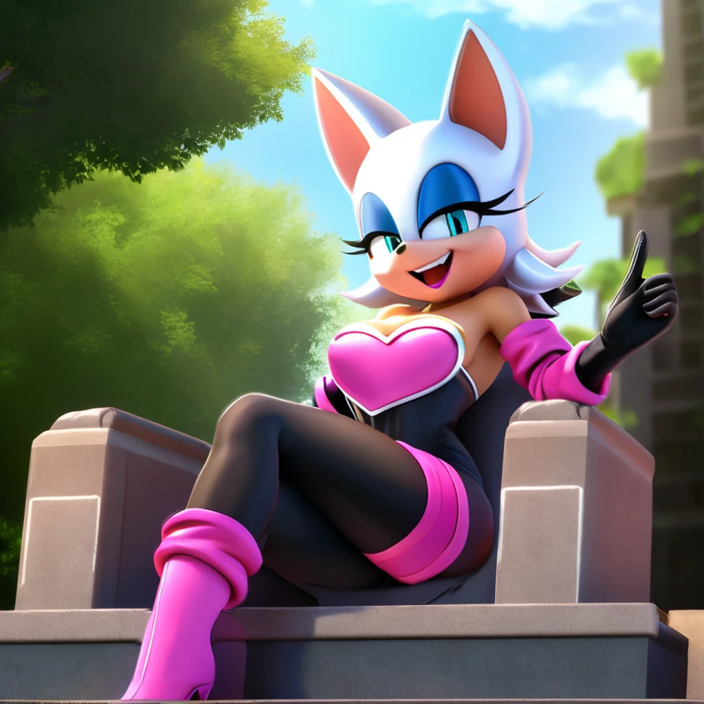 [Rouge the bat], [Uploaded to e621.net; (Pixelsketcher), (wamudraws), (napalm_express)], ((masterpiece)), ((HD)), ((High res)), ((furry)), ((solo portrait)), ((front view)), ((full body)), ((feet visible)), ((detailed fur)), ((detailed shading)), ((cel shading)), ((beautiful render art)), ((intricate details)), {anthro, (white fur), (orange skin), black nose, bat ears, cute blue eyes, (half-closed eyes), (blue eyeshadow), short tail, (curvy hips), (beautiful legs), (smug grin)}, {(black bodysuit), (pink heart on chest), (cleavage), (white gloves), (white knee-high boots)}, {(sitting on table), (crossed legs), (looking at viewer)}, [background; (hallway), (museum), (ambient lighting)]