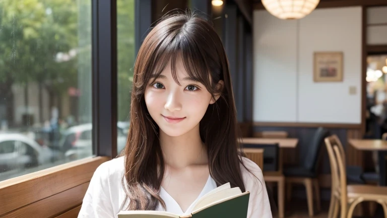 Produce the highest quality and highest resolution 8K images。Please draw the upper body of a 20 year old Japanese woman.。Please draw an image of someone reading a book in a stylish coffee shop.。She has brown eyes and a model-like figure、She has an idol-level cute face.。The hair is wavy。The skin is、A healthy skin tone。she、I'm smiling at the camera。