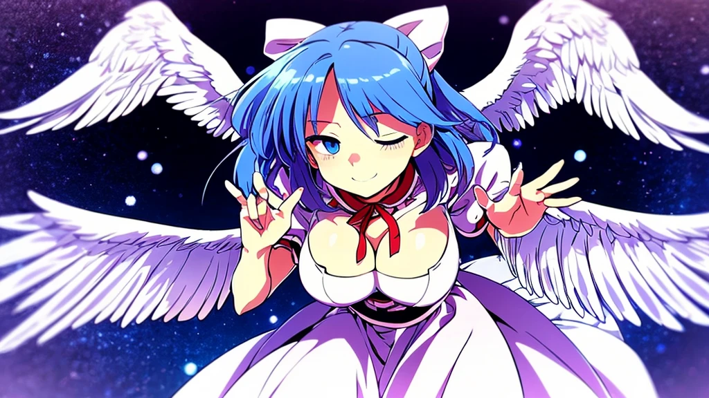 (best quality,4k,8k,highres,masterpiece:1.2), ultra-detailed, highly detailed texture, intricate details, high quality textures, A cute teenage angel with blue eyes, drawn in anime style, 1girl, , , 10 years old, medium blue hair, hair flaps, pink ribbon on head, well-formed face, blue eyes, angel girl, white blouse, puffy short sleeves, red ribbon, angel wings, long white skirt, red shoes, frills, ribbon head, A pair of angel wings on the back, from behind, to lift up one’s skirt, cowboy shot, from front, standing , raise one leg, crossed arms, arms up behind, arms behind back, hand between legs, put hands hip, one hand on hip, forward hands, arms raised in the air, punch hands, peace sign, waving, put up index finger, sit, lie down, closed eyes, lie face down, looking back, put one hand chest, leaning forward, cleavage, close up, horizontally outstretched arms, horizontally outstretched legs, front view, front face, huge breasts for short stature