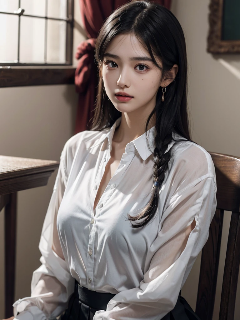 absurdres, RAW photo, extremely delicate and beautiful, masterpiece, Best Quality, ultra high resolution, 32k, hyperrealistic, ultra-detailed, perfect anatomy, anatomically correct, perfect figure, Perfect Style, Perfect balance, super Detailed skin, in her 20s, very Slim body, narrow waist, very small head, very small face, delicate facial features, handsome detailed woman, very detailed eyes and face, realistic face proportions, Realistic beautiful face, Realistic beautiful eyes, tearful mole, earring, (very huge round breasts), whole body shot, whole legs, medium hair, asymmetrical hair, indoor, blouse shirt, skirt, tie, 
