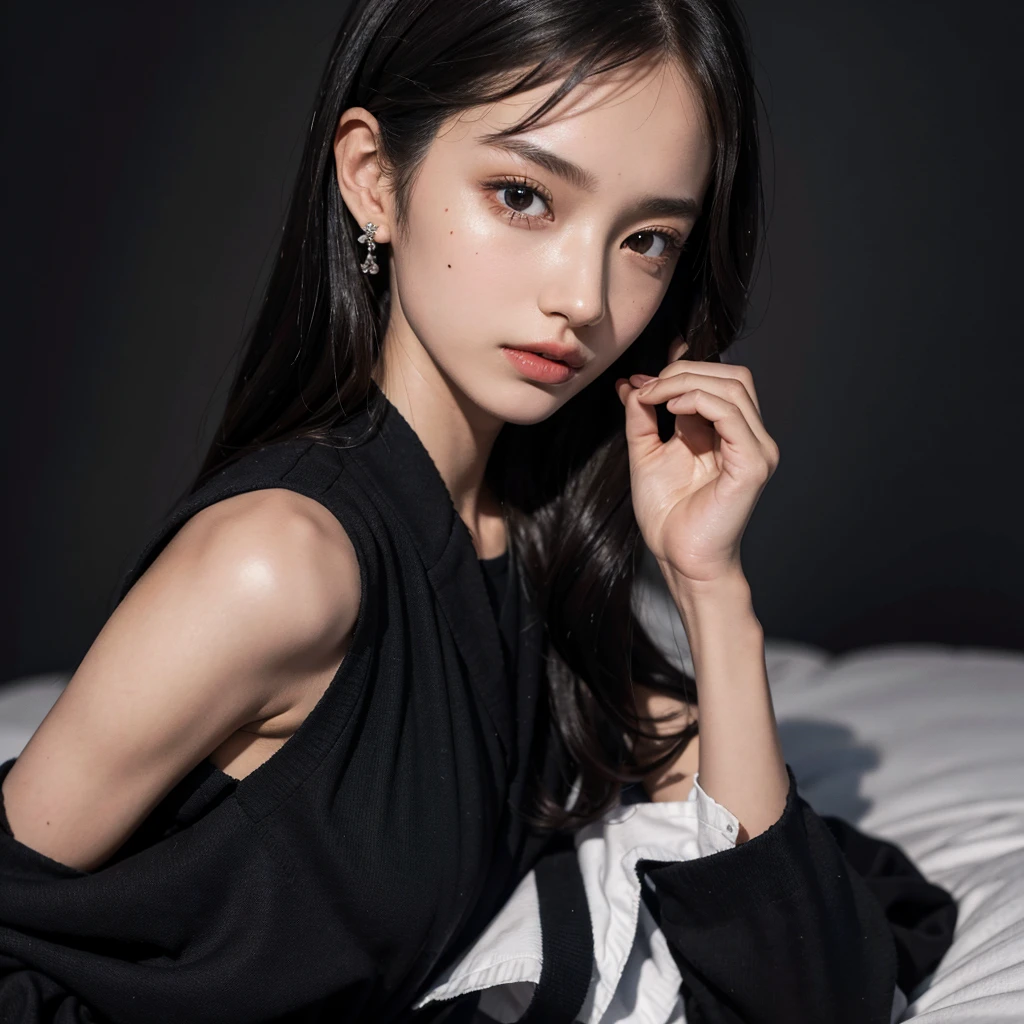 absurdres, RAW photo, extremely delicate and beautiful, masterpiece, Best Quality, ultra high resolution, 32k, hyperrealistic, ultra-detailed, perfect figure, Perfect Style, Perfect balance, in her 20s, very small head, very small face, delicate facial features, tearful mole, earring, very huge breasts, (full body shot:1.4), medium hair, black hair, (school_uniform:1.2),