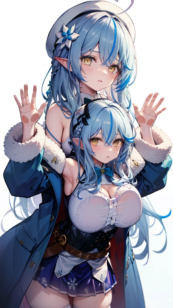 (Ultra-high resolution,masterpiece, Attention to detail, Highest quality), 8K,(aalamy, long hair, streaked hair, ahoge, braid, beret, white headwear, hair flower, blue bowtie, cleavage, clothing cutout, white shirt, off shoulder, sleeveless, black corset, blue coat, snowflake print, fur-trimmed coat, open clothes, white thighhighs, brown belt, blue skirt),(Blessed,Captivating body、Ultra-detailed skin、Super beautiful eyes、Detailed Background),One girl、 (breasts_on_Glass,breast press, against Glass, hands on Glass:1.5),window fog, embarrassed, (white background:1.7), (from front:1.3),(perfect hands), ,nsfw, huge breasts