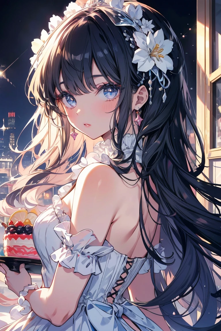 Highest quality, masterpiece, Long eyelashes, Sparkling eyes, Dresses with frills and ribbons, Big pudding , Flower Hair Ornaments,