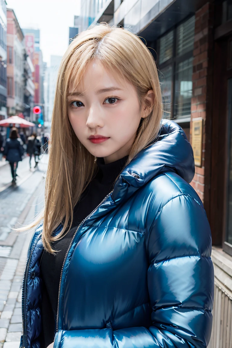 (Highest quality, 8K quality, masterpiece:1.3), (Ultra-high resolution, Photorealistic:1.4, RAW Photos), (Very detailed, Caustics, Detailed Background), (Ultra-Realistic Capture, Beautiful and detailed skin, Perfect Anatomy), whole body, City buildings at night, Bright and very beautiful face, Younger, brighter, whiter skin, Best Looks, The most beautiful light blonde hair in the world, Thin Hair, Super long, silky straight hair, Shiny beautiful bangs, Shining, clear, big blue eyes, A very beautiful and adorable 16 year old, The most beautiful girls in the world, fashionable winter coats。She walked among the city&#39;s buildings、The neon lights illuminate her beautifully.。whole bodyの画像