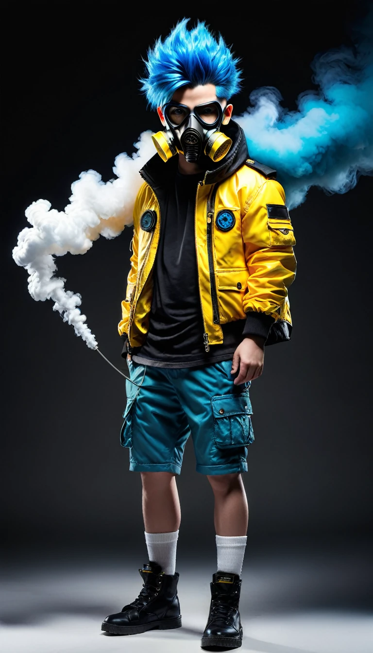 BJ_Monster,solo,looking_at_viewer,blue_eyes,simple_background,shirt,black_hair,1boy,blue_hair,standing,jacket,full_body,male_focus,multicolored_hair,shoes,shorts,mask,black_shorts,ring,spiked_hair,black_background,smoke,cable,yellow_jacket,male_child,gas_mask,tube,respirator,cinematic lighting,strong contrast,high level of detail,Best quality,masterpiece,White background,

