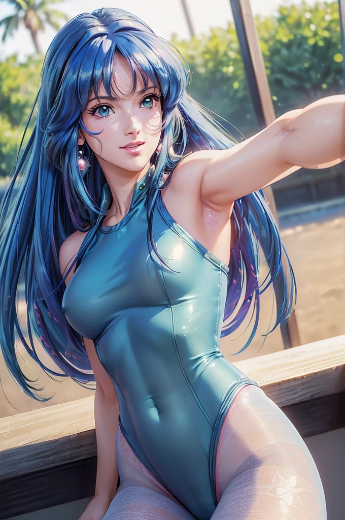 ((((Hyper realistic,high detailed quality)))),((Hyper realistic,high detailed quality)),(((lynn minmay)))alone, whole body,earrings, eyelash, shackles,, (((lynn minmay))),(playa,(palm),((one piece spandex swimsuit blue )),((spandex pantyhose)),crew,(green shirt), Floral,pink lips),Sexy and exciting smile,(((lynn minmay))), (shiny skin:1.05),(blush:0.9),(((lynn minmay))),(dents in the skin:1.15),realist, ((Masterpiece, of the highest quality, high resolution,unstructured, (Perfect face:1.1), (sharp focus:1.1),, Trends with ArtStation, trend on CGsociety, Complex, high detail, sharp focus, dramatic))