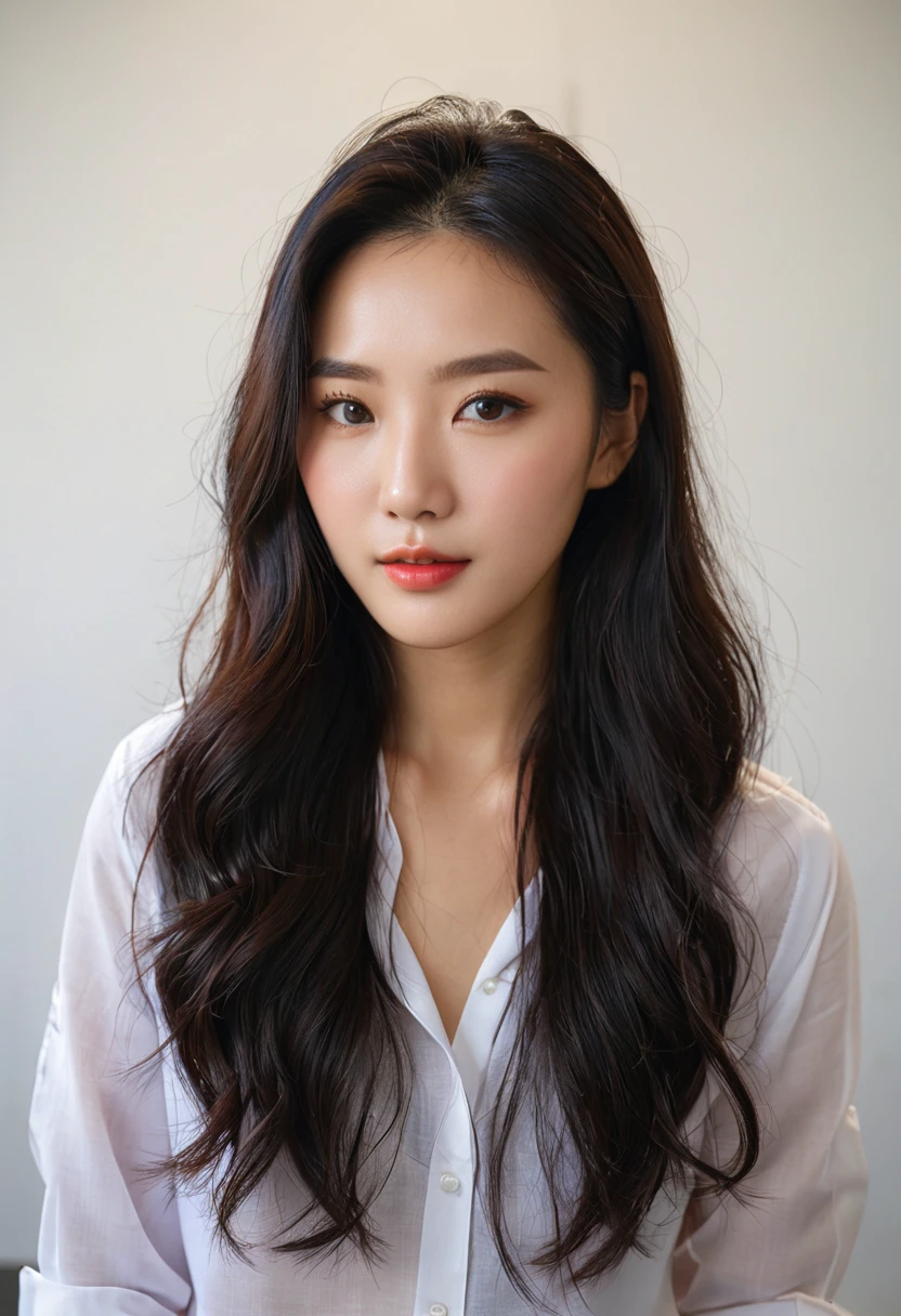 Best Quality, 8k, Masterpiece, (Portrait: 1.3), (photo realistic:1.4), (hyper realistic:1.4), Sharp Focus, looking at viewer, (smoother lighting:1.1), (increase cinematic lighting quality:0.9), realistic lighting, backlighting, light on face, ray trace, (brightening light:1.2), (Increase quality:1.4), sharp detail, (best quality real texture skin:1.4), finely detailed eyes, black_eyes, finely detailed face, 25 year old Korean woman, (white formal_shirt:1.4), (Create an image maintaining the original base model hairstyle:1.5)