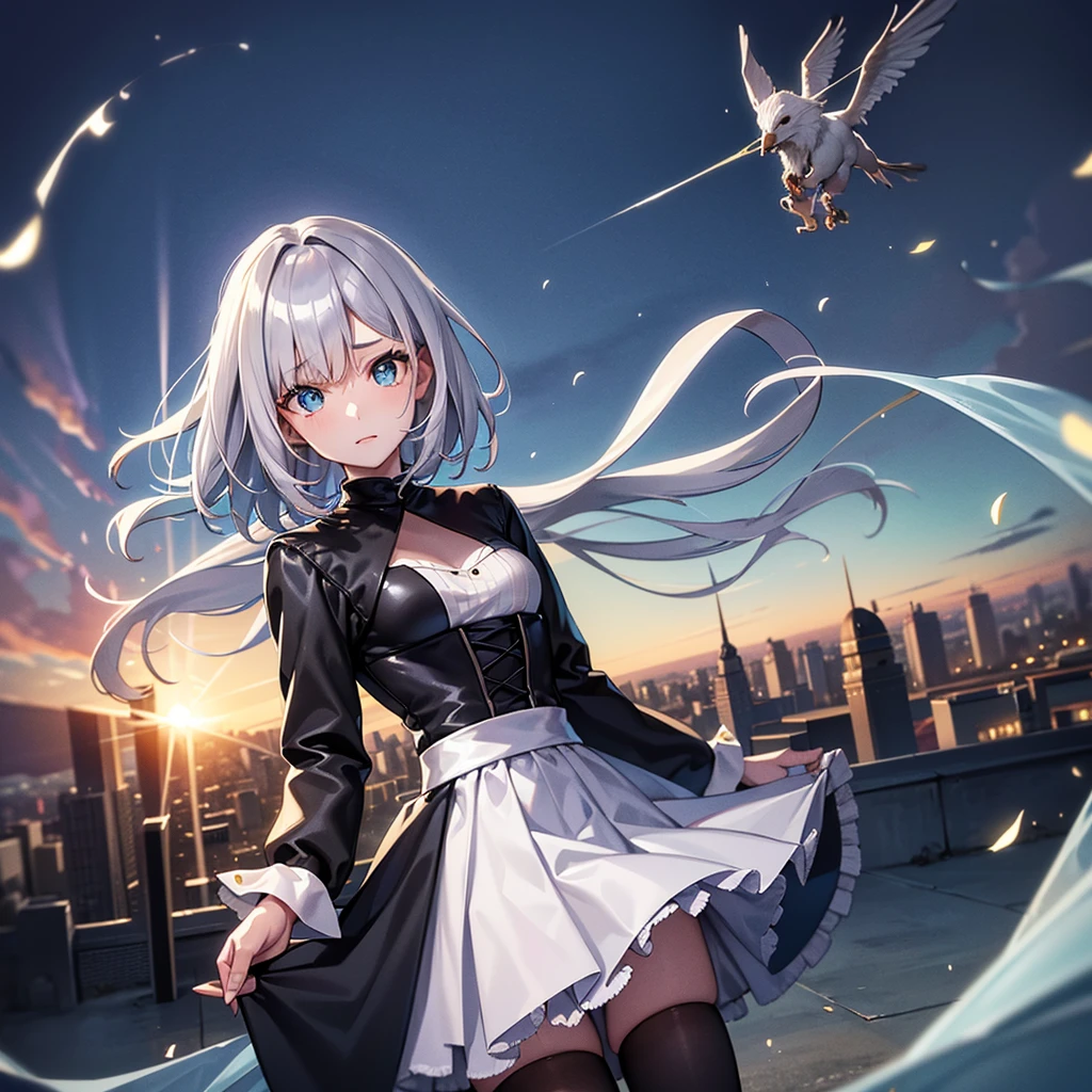 Illustration of one person, Dengeki Bunko, Woman Looking Back, Perfect Human Medicine, Woman keeps falling, {{{{{Maid clothes}}}}},Small Tits,anime, Two legs, Cool,{{{{{50 year old woman}}}}} ,{{{{{a person is depicted}}}}},(Official Art、{{{{{Upper Bodyアングル}}}}},Highest quality、Unity 8k wallpaper、32k、masterpiece、Ultra-detailed、Ultra-high resolution, Realistic、Grab your hair with your hands, Photorealistic:1.2)、(Cinema Lighting:1.2)、,Fire Glow Effect、The most grainy shadows on the film、Rim Light、Side light、Side Shot、(Ultra-detailedで複雑な3Dレンダリング)、Very short hair, Short wolf hair,細部までBeautiful Faceと目、Sharp pupils、Realistic生徒、Slender、Highly detailed background、Beautiful Face、Beautiful 16 year old girl、(Ultra-detailedなスキン、Detailed skin texture:1.Silver Hair:1.3)、Blunt bangs、blue eyes、{{{{{黒いMaid clothes}}}}}、White apron costume、Black knee socks、(Thighs Thighs Thighs Thighs:0.8)、Black Bhutanese sticks and a beautiful sunset、Medieval castle、Dancing on the Tower Roof、(avert your eyes、Overlooking the city:1.3)、Fantastic、Close your mouth and bite, Makes your face smaller, (Tabletop), Highest quality, Perfect Face, 1 Girl, alone, Eye color is light blue, Hair between the eyes, Very Short Hair, blue eyes, Silver Hair, Knee-high boots, corset,Black gloves, Long sleeve, Upper Body, Light and multiple flying birds,