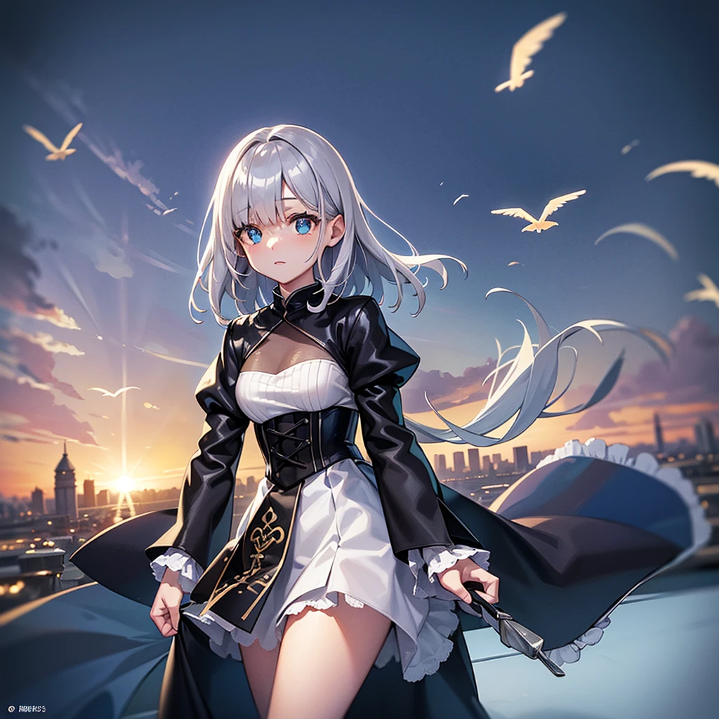 Illustration of one person, Dengeki Bunko, Woman Looking Back, Perfect Human Medicine, Woman keeps falling, {{{{{Maid clothes}}}}},Small Tits,anime, Two legs, Cool,{{{{{50 year old woman}}}}} ,{{{{{a person is depicted}}}}},(Official Art、{{{{{Upper Bodyアングル}}}}},Highest quality、Unity 8k wallpaper、32k、masterpiece、Ultra-detailed、Ultra-high resolution, Realistic、Grab your hair with your hands, Photorealistic:1.2)、(Cinema Lighting:1.2)、,Fire Glow Effect、The most grainy shadows on the film、Rim Light、Side light、Side Shot、(Ultra-detailedで複雑な3Dレンダリング)、Very short hair, Short wolf hair,細部までBeautiful Faceと目、Sharp pupils、Realistic生徒、Slender、Highly detailed background、Beautiful Face、Beautiful girl、(Ultra-detailedなスキン、Detailed skin texture:1.Silver Hair:1.3)、Blunt bangs、blue eyes、{{{{{黒いMaid clothes}}}}}、White apron costume、Black knee socks、(Thighs Thighs Thighs Thighs:0.8)、Black Bhutanese sticks and a beautiful sunset、Medieval castle、Dancing on the Tower Roof、(avert your eyes、Overlooking the city:1.3)、Fantastic、Close your mouth and bite, Makes your face smaller, (Tabletop), Highest quality, Perfect Face, 1 Girl, alone, Eye color is light blue, Hair between the eyes, Very Short Hair, blue eyes, Silver Hair, Knee-high boots, corset,Black gloves, Long sleeve, Upper Body, Light and multiple flying birds,