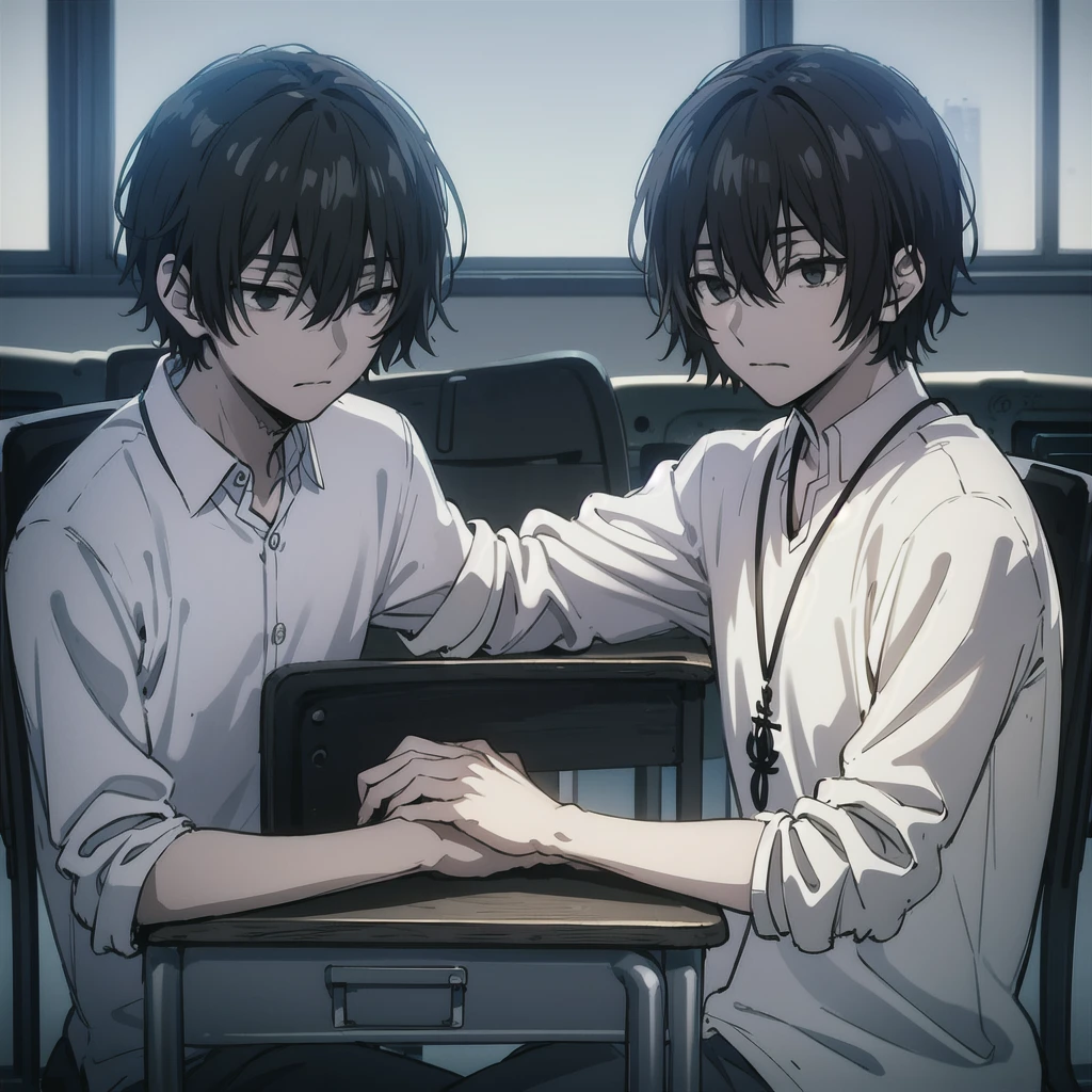 ((best quality)), ((masterpiece)), (detailed), 1boy, high , bored look, blank look, disinterested look, resting on desk, school chair, empty classroom, black hair, black eyes, sketch, alone, short hair. half body, face, gloomy, dark eyes, illustration, solo.