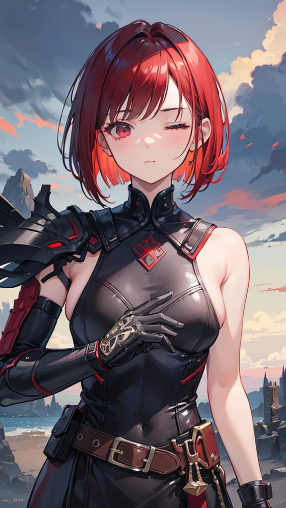 A 14 year old girl with dark red medium bob cut hair, eyes closed, holding an action figure, surrounded by clouds, highly detailed, 8k, photorealistic, intricate details, cinematic dramatic lighting, soft shadows, interesting fantasy surreal background, vibrant colors