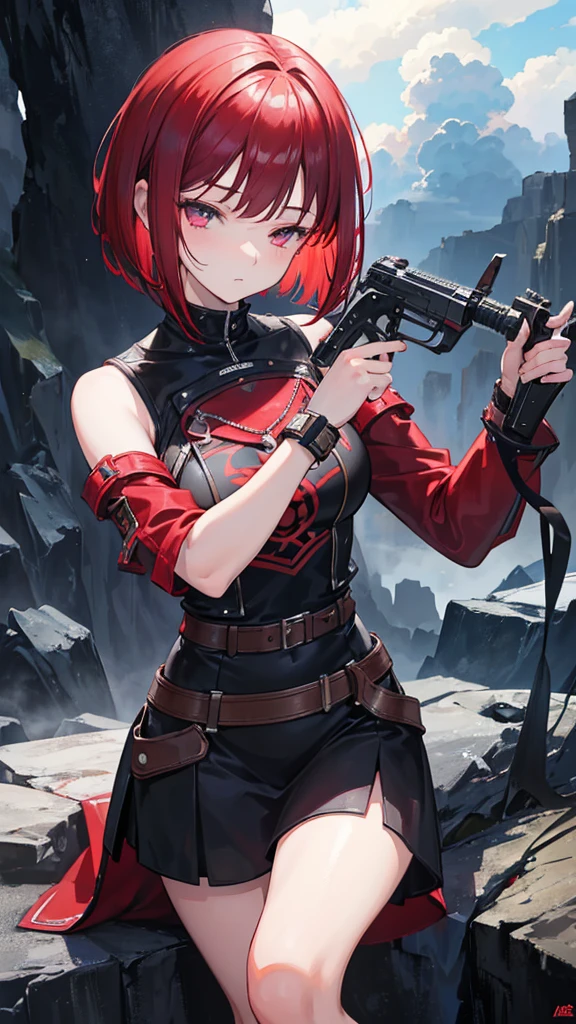 A girl with dark red medium bob cut hair, eyes closed, holding an action figure, surrounded by clouds, highly detailed, 8k, photorealistic, intricate details, cinematic dramatic lighting, soft shadows, interesting fantasy surreal background, vibrant colors