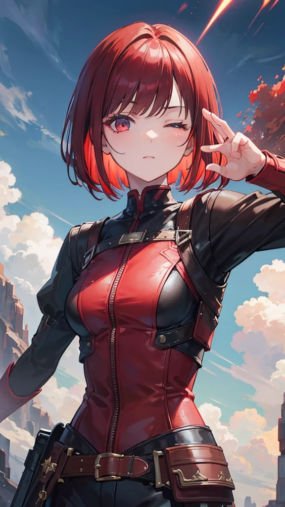 A 14 year old girl with dark red medium bob cut hair, eyes closed, holding an action figure, surrounded by clouds, highly detailed, 8k, photorealistic, intricate details, cinematic dramatic lighting, soft shadows, interesting fantasy surreal background, vibrant colors