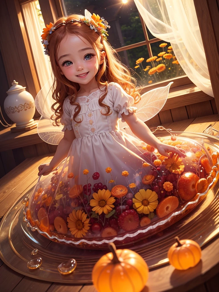 The best picture quality, detailed eyes, long eyelashes, fairy tale world, transparent jelly with lots of fruit on it, 5   eating jelly while laughing, smiling happily, the best smile, very pretty and innocent , chestnut hair, amazingly very large round shiny eyes, orange summer flowers blooming outside the window,