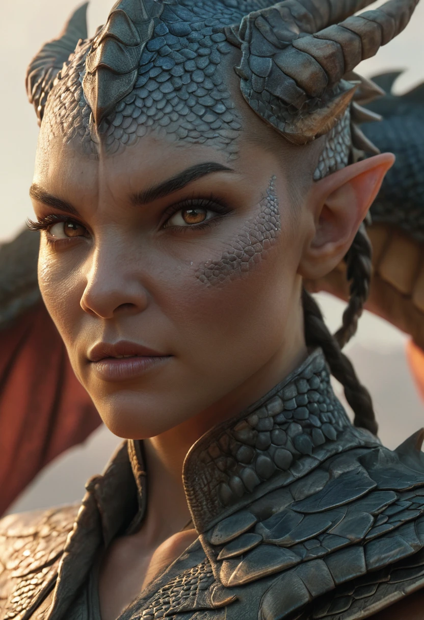 Hyperrealistic art female human dragon hybrid, covered in matte scales as skin, extreme close-up, striking reptilian eyes, dragon horns, bald, braided ponytail, exudes confidence and power, sunet, rim lighting, cold colors. style of Don Lawrence, style of (Will Murai:1.2), style of (Greg Rutkowski:0.8), . Extremely high-resolution details, photographic, realism pushed to extreme, fine texture, incredibly lifelike