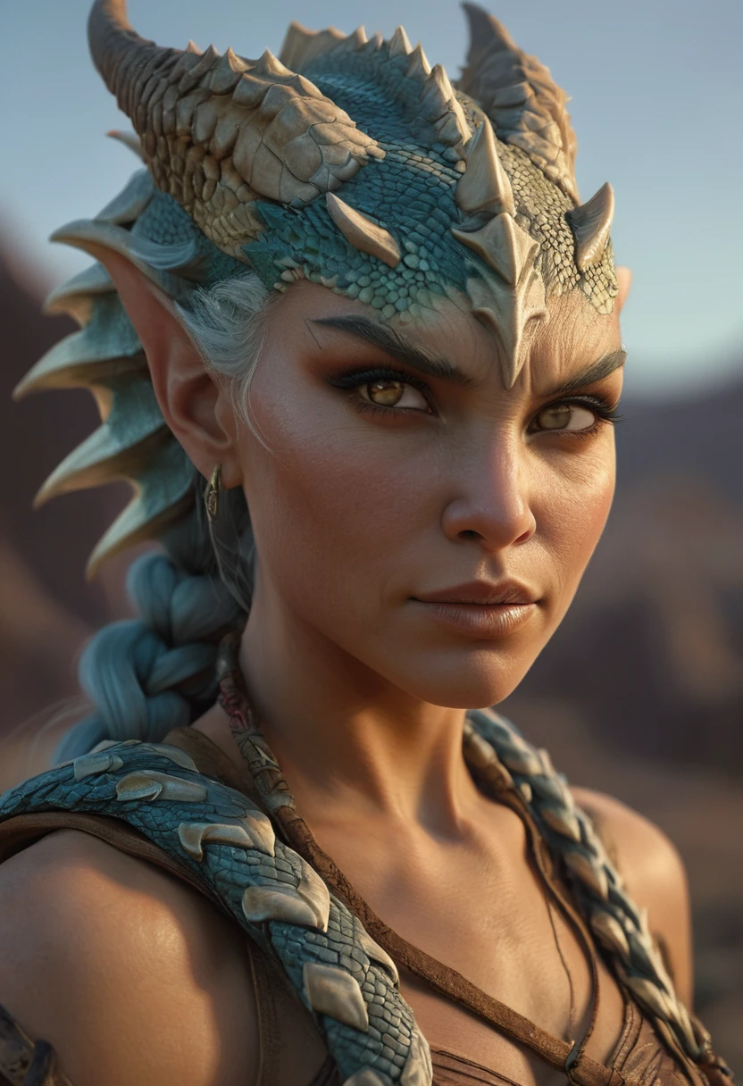 Hyperrealistic art female human dragon hybrid, covered in matte scales as skin, extreme close-up, striking reptilian eyes, dragon horns, bald, braided ponytail, exudes confidence and power, sunet, rim lighting, cold colors. style of Don Lawrence, style of (Will Murai:1.2), style of (Greg Rutkowski:0.8), . Extremely high-resolution details, photographic, realism pushed to extreme, fine texture, incredibly lifelike
