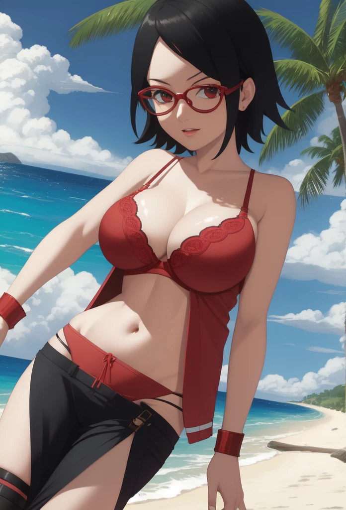 Masterpiece,Solo,1girl,Sarada Uchiha,(Boruto),Big Breasts,Perfect Body,Sexy Body Hot,High Quality,High Resolution,Photograph 16K,Short Hair,Glasses,Beautiful,Beautiful Woman,Sexy Bra And Panties,Beach Background 