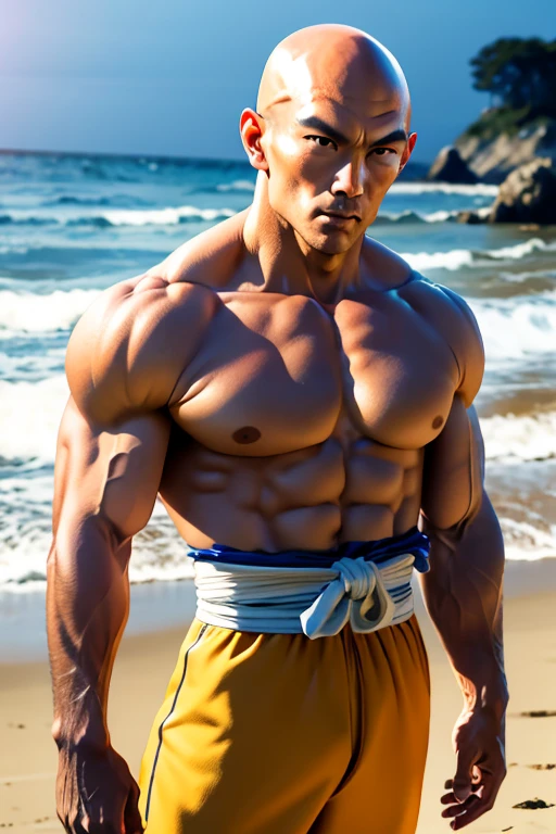Very strong Japanese man, on the beach, is bald, very calm and peaceful, very realistic, very detailed, super human, power up!