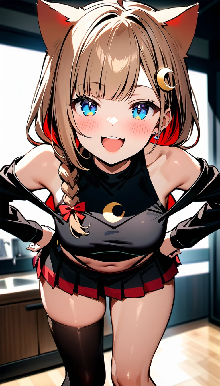 (masterpiece: 1.3), (detailed), ((, Highest quality,)) //, (((1 Girl, hairpin, crescent hairpin: 1.4))), alone //, (Brown cat ears, Fluffy cat ears: 1.4), Animal ear hair, (Light brown hair: 1.4), (Redhead: 1.1), (Red inner hair: 1.3), (Straight bangs: 1.4), (Single Braid Long Hair: 1.5) , (Ahoge), (blue eyes: 1.3), Clear Eyes, cheek, Center of chest, Cleavage, Exposed shoulders, Underarm, //, Big red ribbon, View your viewers, Blushing, smile, Happy, Open your mouth, smile, skirt, shirt, Headpiece, Thighs, Long sleeve, belly button, Bare shoulders, jewelry, pleated skirt, head band, Earrings, abdomen, black Thighs knee socks, Virtual YouTuber, miniskirt, star, Crop top, Hands on hips, black shirt, ((Leaning forward: 1.3)), シングルThighs-高, Asymmetrical legwear