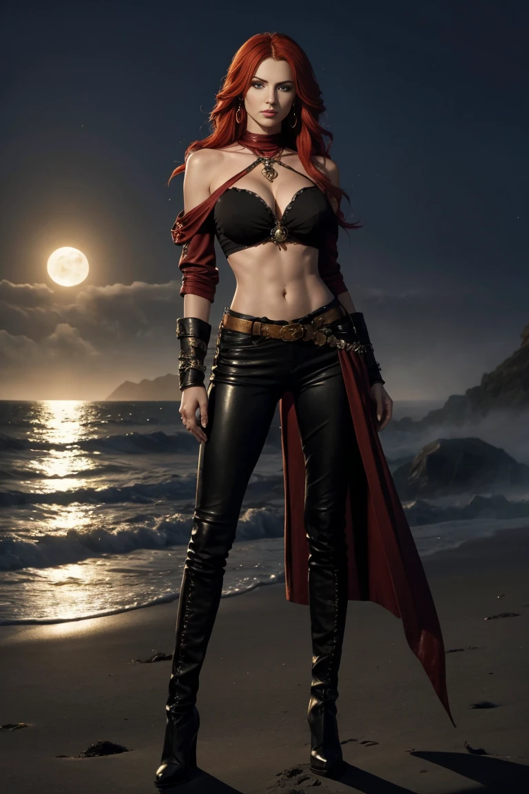 full body A woman with red hair and emerald eyes large breast thin waist, long shapely thighs, muscular athletic body. She has an hourglass shape and poses dramatically. He wears a flowing white pirate shirt that sits low on his shoulders. His pants are leather and tight, with a seam on the side of the leg. He wears tall leather pirate boots. Her jewelry is gypsy style. he stands on the beach in the moonlight, fog, smoke, a dramatic scene