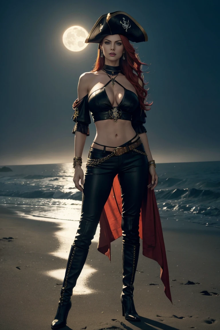 full body A woman with red hair and emerald eyes large breast thin waist, long shapely thighs, muscular athletic body. She has an hourglass shape and poses dramatically. He wears a flowing white pirate shirt that sits low on his shoulders. His pants are leather and tight, with a seam on the side of the leg. He wears tall leather pirate boots. Her jewelry is gypsy style. he stands on the beach in the moonlight, fog, smoke, a dramatic scene