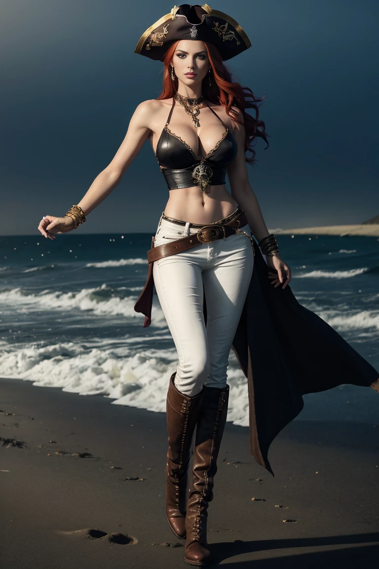 full body A woman with red hair and emerald eyes large breast thin waist, long shapely thighs, muscular athletic body. She has an hourglass shape and poses dramatically. He wears a flowing white pirate shirt that sits low on his shoulders. His pants are leather and tight, with a seam on the side of the leg. He wears tall leather pirate boots. Her jewelry is gypsy style. he stands on the beach in the moonlight, fog, smoke, a dramatic scene