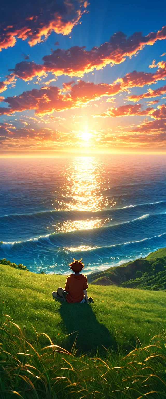 High quality, 8K Ultra HD. The image shows a sitting watching the anime The Frightening Ocean at Sunrise from a grassy hill, with a background of vibrant blue sky and the red and orange tones of the sun. sun rays, 4k anime art wallpaper, Shen Che-Tsai digital art, pexels, fantastic realism, among sunlit heavenly clouds, heavenly clouds, amazing sky, sunset in the clouds, golden clouds, dazzling sky, clouds dazzling, magnificent clouds, bright clouds, Clouds in sunset, sky on earth, golden celestial lights, 4K anime art wallpaper, anime background, 8K anime art wallpaper, art wallpaper anime, anime landscape wallpaper, amazing wallpaper, high quality wallpaper definition, 4k anime wallpaper, 4k anime wallpaper, Aries Moross art, Bob Byerley art, AshleyWoodArtAI, greg rutkowski