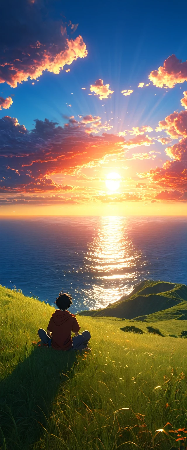 High quality, 8K Ultra HD. The image shows a  sitting watching the anime The Frightening Ocean at Sunrise from a grassy hill, with a background of vibrant blue sky and the red and orange tones of the sun. sun rays, 4k anime art wallpaper, Shen Che-Tsai digital art, pexels, fantastic realism, among sunlit heavenly clouds, heavenly clouds, amazing sky, sunset in the clouds, golden clouds, dazzling sky, clouds dazzling, magnificent clouds, bright clouds, Clouds in sunset, sky on earth, golden celestial lights, 4K anime art wallpaper, anime background, 8K anime art wallpaper, art wallpaper anime, anime landscape wallpaper, amazing wallpaper, high quality wallpaper definition, 4k anime wallpaper, 4k anime wallpaper, Aries Moross art, Bob Byerley art, AshleyWoodArtAI, greg rutkowski
