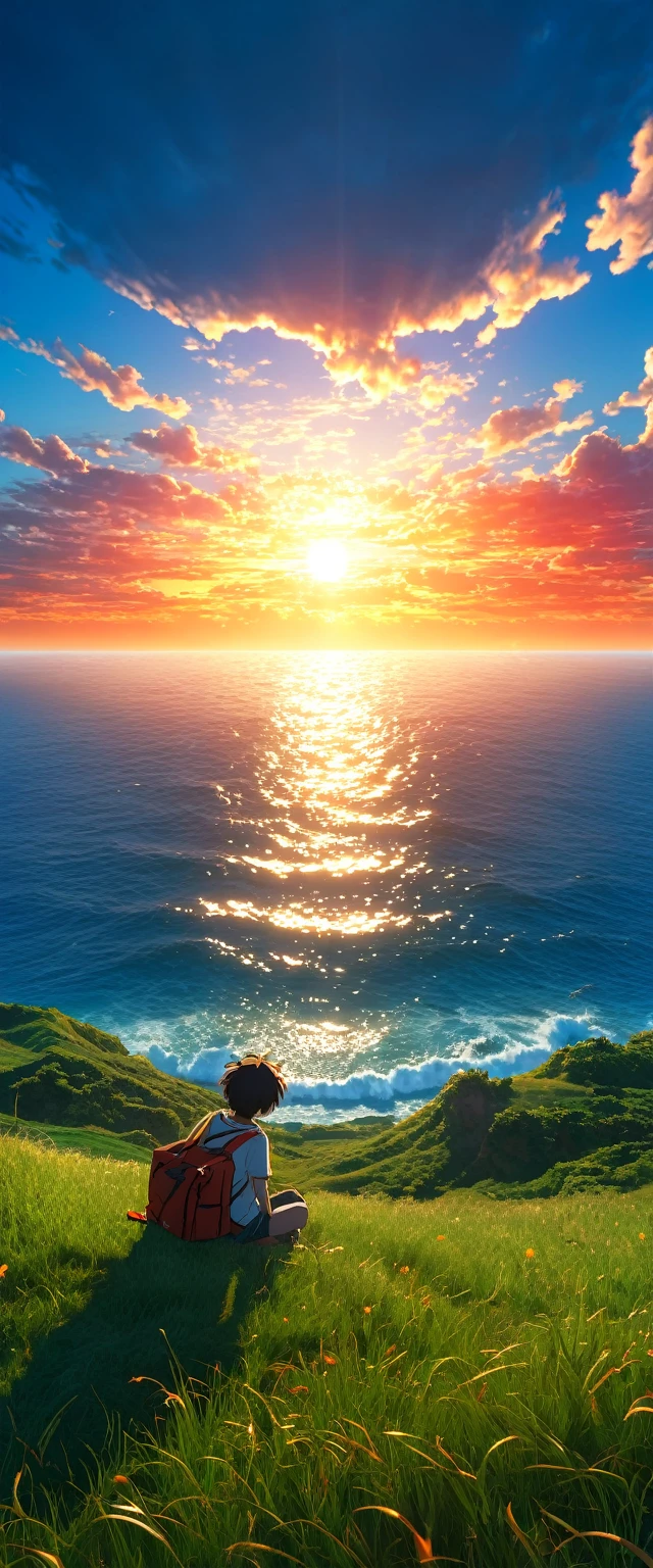 High quality, 8K Ultra HD. The image shows a  sitting watching the anime The Frightening Ocean at Sunrise from a grassy hill, with a background of vibrant blue sky and the red and orange tones of the sun. sun rays, 4k anime art wallpaper, Shen Che-Tsai digital art, pexels, fantastic realism, among sunlit heavenly clouds, heavenly clouds, amazing sky, sunset in the clouds, golden clouds, dazzling sky, clouds dazzling, magnificent clouds, bright clouds, Clouds in sunset, sky on earth, golden celestial lights, 4K anime art wallpaper, anime background, 8K anime art wallpaper, art wallpaper anime, anime landscape wallpaper, amazing wallpaper, high quality wallpaper definition, 4k anime wallpaper, 4k anime wallpaper, Aries Moross art, Bob Byerley art, AshleyWoodArtAI, greg rutkowski