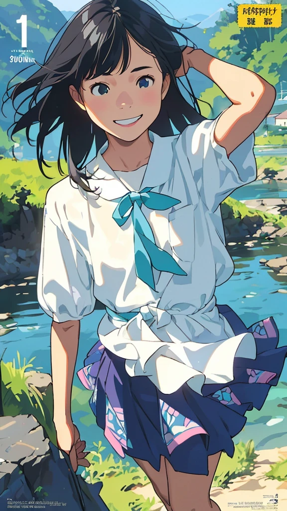 reasonable design, Clear lines, High Sharpness, (highest quality,8K,Perfect sharpness,Ultra fine,High resolution,masterpiece:1.2), Perfect Anatomy:1.5, Official Art, Illustrations that tell a story, (Whitish background:0. 9)、Body Positivity、More Mr.Physical expression、(Random and mischievous poses)、Perfect beauty、Perfect beautiful face、Strong winds、A rich expression、Dynamic composition、smile、Golden ratio composition、colorful、(Mr.Different angles and perspectives)、anime art、mini skirt、(Overcoming stereotypes)、 Glowing Skin、(Natural beauty)、smile、bangs、Straight Hair、(Soft and flowing hair)、(Rural Scenery)、(Nostalgic atmosphere)、Insert up to the thighs、(Playful and carefree)、(More Mr.Ethnic characters)、(innocent attitude)、(Sunny atmosphere)、Skirt flipped up、(Bright colors)、Belly button exposed、Beautiful Eyes、A skirt fluttering in the wind、Put it in to your feet、Some composition patterns、sensuous、Geometric pattern、emotional、Symposium cover、Angle from above、