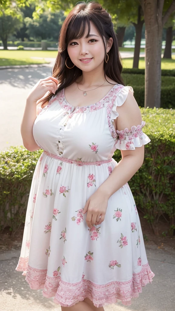 A beautiful and hot almost chubby mature woman.who is wearing a patterned short dress and is and standing in the park. A smiling face、sexy woman、A radiant smile、adorable、race、Frills、Colorful design、Full-length mirror、An inviting gaze、Gorgeous long and beautiful hairstyle、color々Hairstyle、Open neck blouse