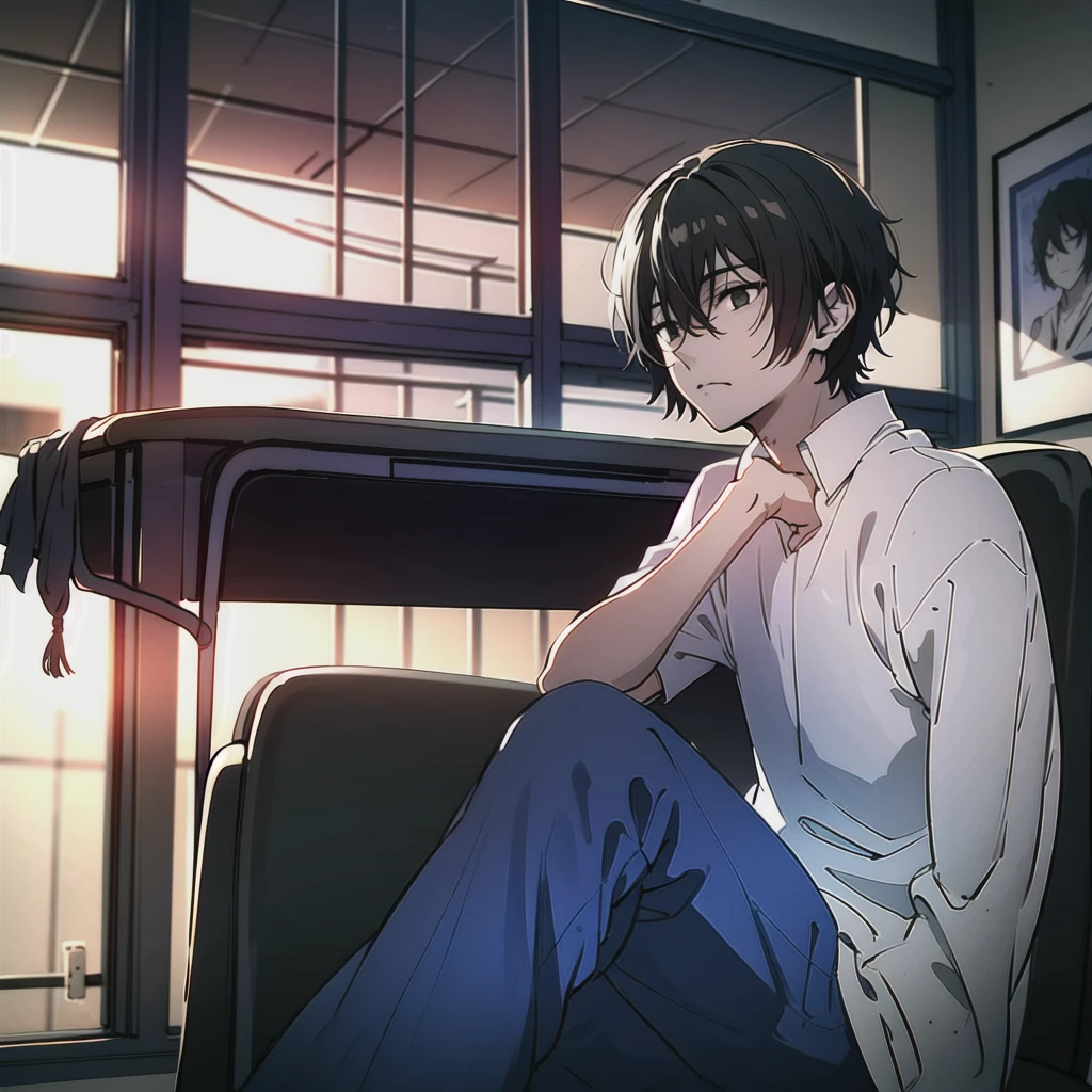 ((best quality)), ((masterpiece)), (detailed), 1boy, high , bored look, blank look, disinterested look, resting on desk, school chair, empty classroom, black hair, black eyes, sketch, alone, short hair. half body, face, gloomy, dark eyes, illustration, solo.