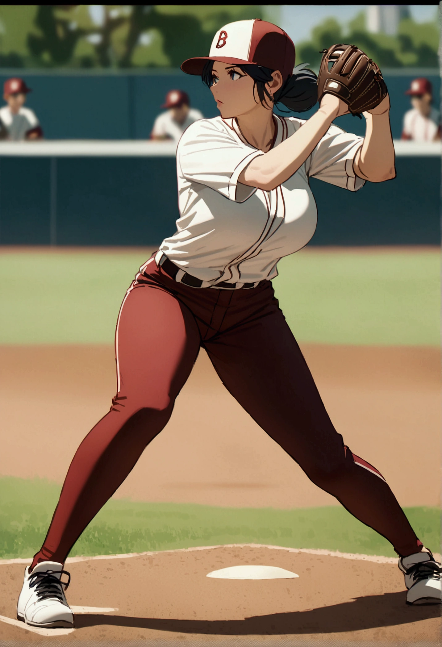 The moment when the female pitcher of baseball is pitching a baseball ball, full body shot, big breasts