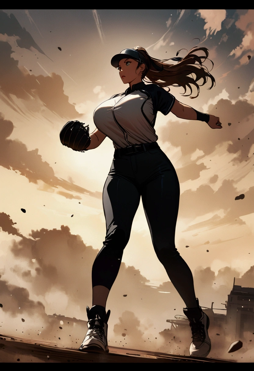 The moment when the female pitcher of baseball is pitching a baseball ball, full body shot, big breasts