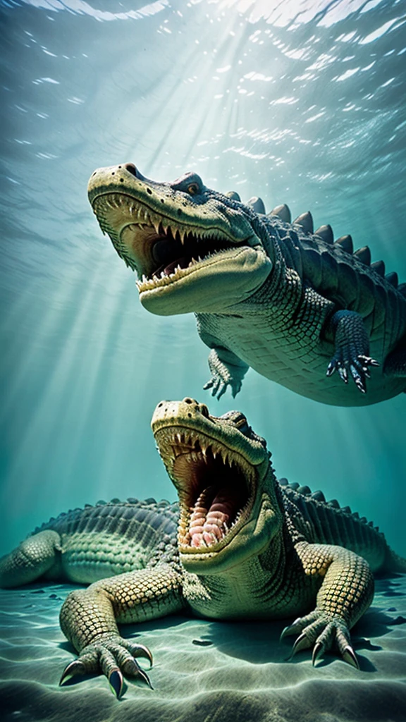 (masterpiece), best quality, a skelleton pirate riding on a crocodile, ((underwater:1.3), pirate clothes, pirate, skull, perfect crocodile, ride on, adventure, magical, bubbles, Tracking lights, coral, realistic, perfect lighting, fantasy, adventure, sharp teeth, giant crocodile, sea monster, epic, monster on the background.