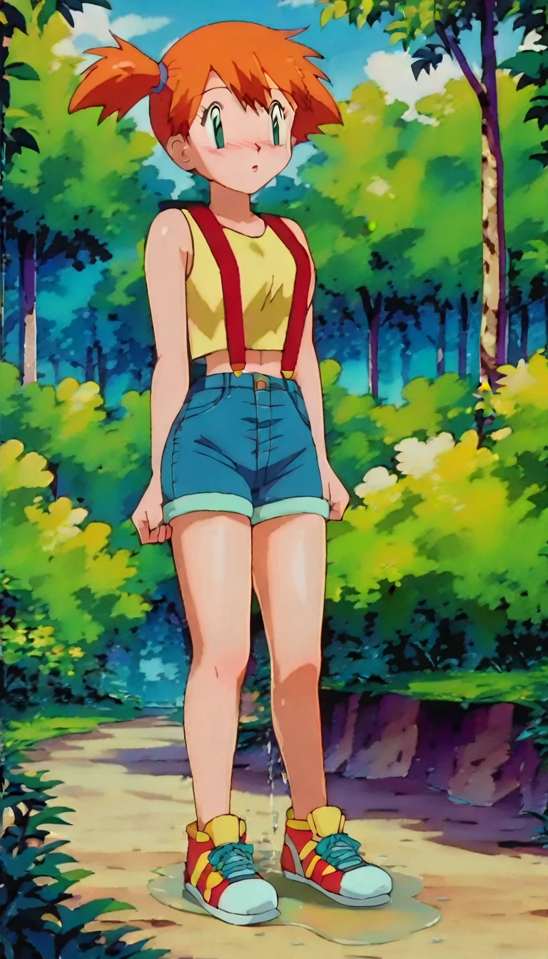 anime screencap, score_9,  score_8_up, score_7_up, score_6_up, source_anime, 1girl, solo, misty \(pokemon\), side ponytail, blush, yellow tank top, suspenders, (short denim shorts, bare thighs,), forest, tree, sky, full body, sneakers((wetting self, puddle, pee stains, peeing self)), looking at viewer, blushing,  clenching teeth, ((standing, back view, ass)) thick thighs, wide hips,