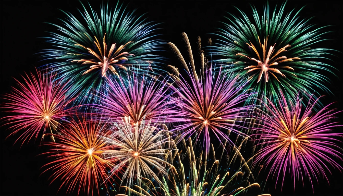Beautiful and colorful fireworks exploding, with a black background, image in the middle