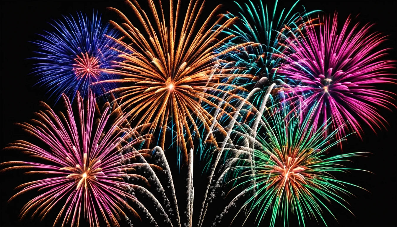 Beautiful and colorful fireworks exploding, with a black background, image in the middle