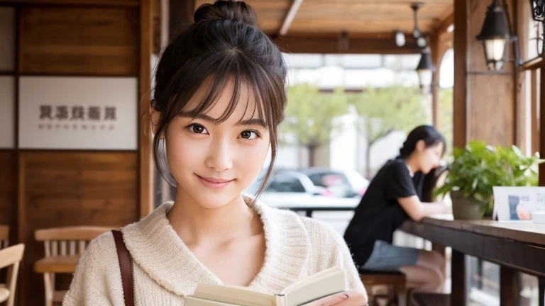 Produce the highest quality and highest resolution 8K images。Please draw the upper body of a 20 year old Japanese woman.。Please draw an image of someone reading a book in a stylish coffee shop.。She has brown eyes and a model-like figure、She has an idol-level cute face.。Her hair is in a bun.。The skin is、A healthy skin tone。she、I'm smiling at the camera。