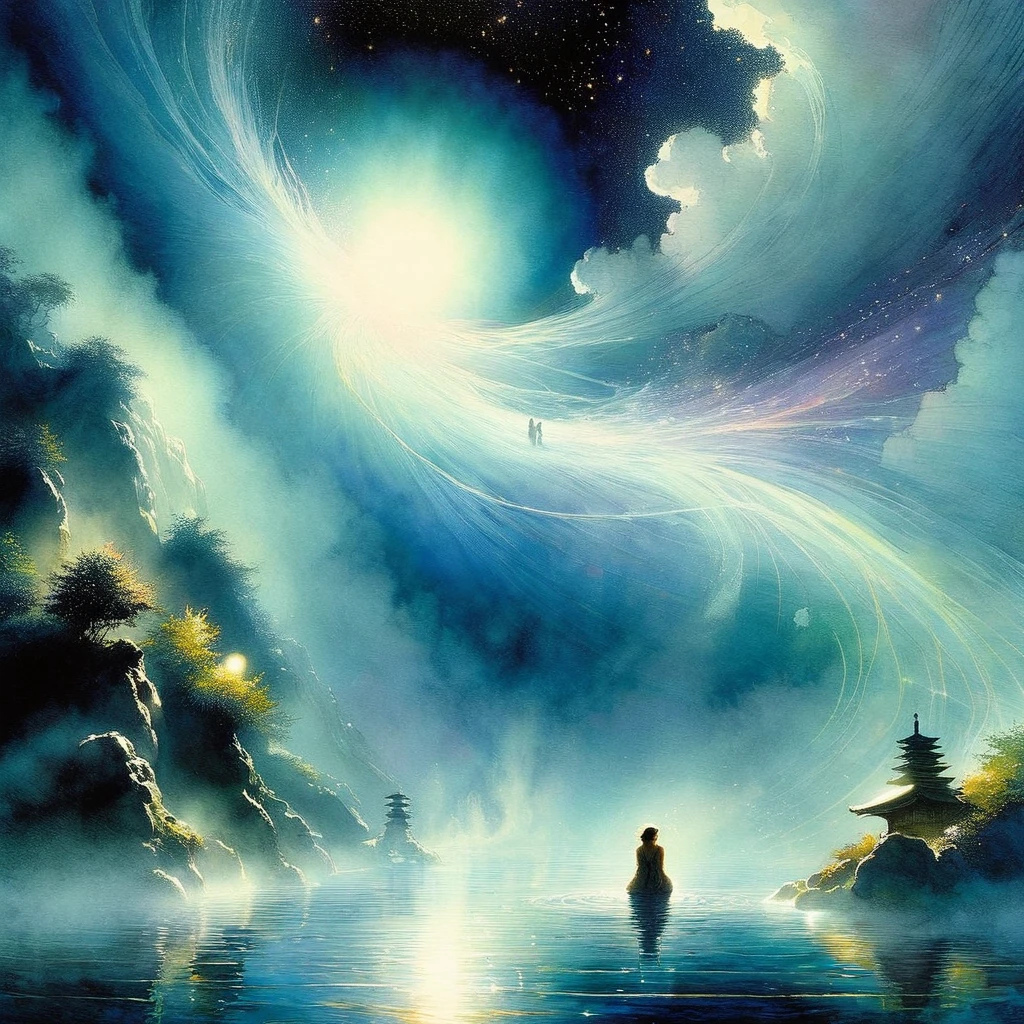 (Space Onsen Style: 1.3), Fantasy Hot Springs in Space, wonder, Unpleasant, healing, Two Women, beautiful, nice, a fun day, Hidden Hot Springs, (Rembrandt Lighting: 1.2), Embarrassing, Dark Night, fog , Midnight, Dark Night, (fog: 1.4), moon, Upper body close-up, little sweat, Perfect Anatomy, Artistic and memorable masterpieces, A historic moment, (vapor: 1.6), little sweat, A strong wind is blowing, From behind, From below, (Fantastic and fascinating landscape) watercolor: 1.4, delicate, detailed, masterpiece, (masterpiece: 1.2), (Highest quality: 1.2), detailedはより新しく、More complex (Art inspired by Bill Sienkiewicz). oil)