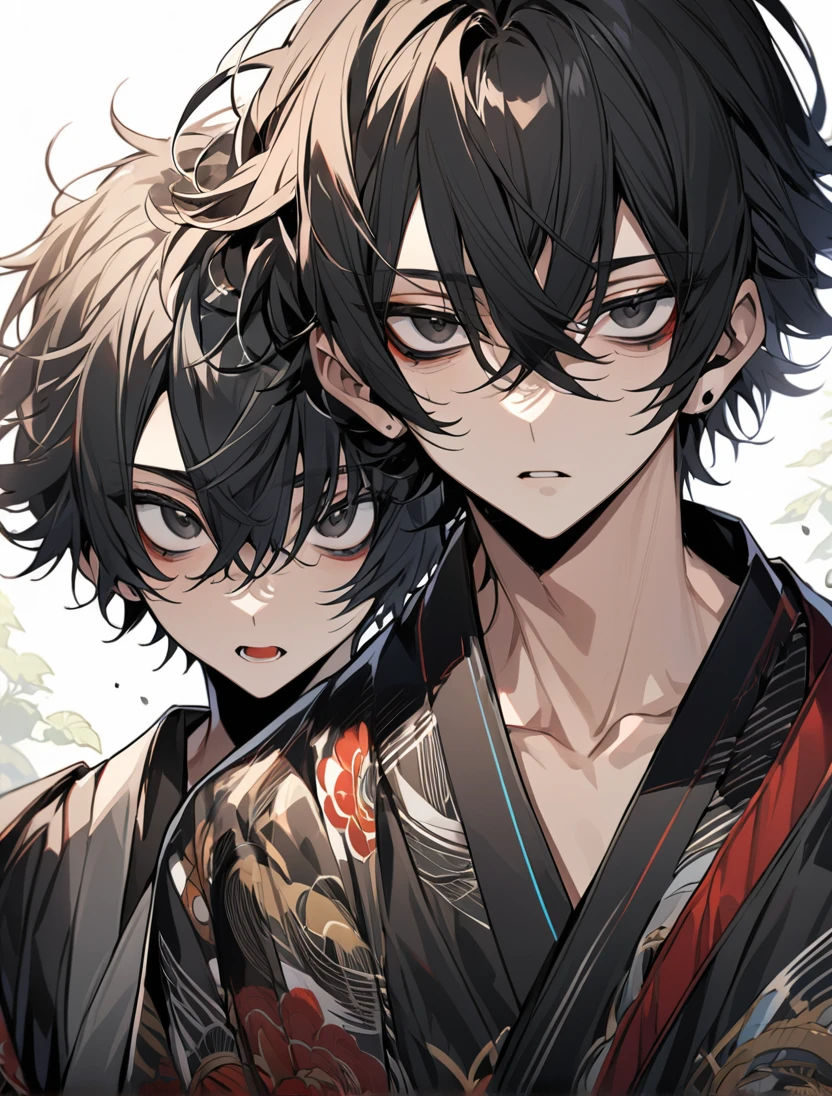 (black_hair), (short_hair), (deep_black_eyes), (high_detailed_eyes), (attractive), (male), (unique_dark_colored_kimono), (detailed_Hair), (detailed), (detailed_mouth), (r), (dark_under_eyes)